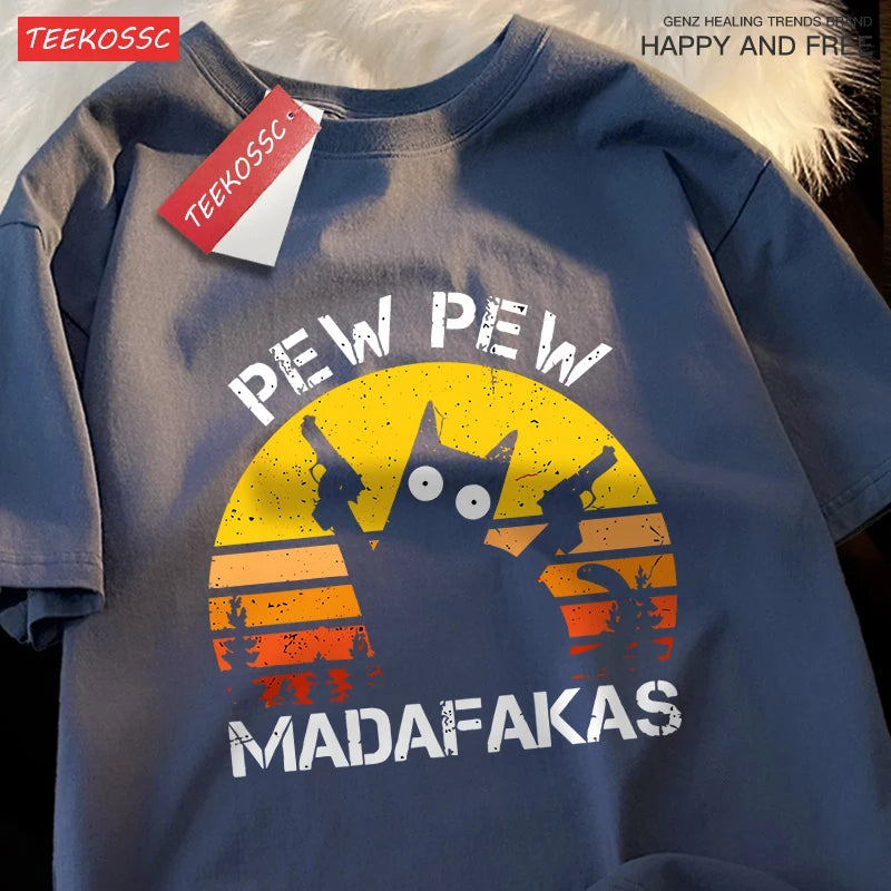 “Unisex Funny Cat Tee – ‘Pew Pew Madafakas’ Print”