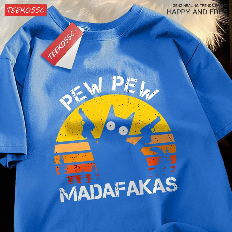 “Unisex Funny Cat Tee – ‘Pew Pew Madafakas’ Print”