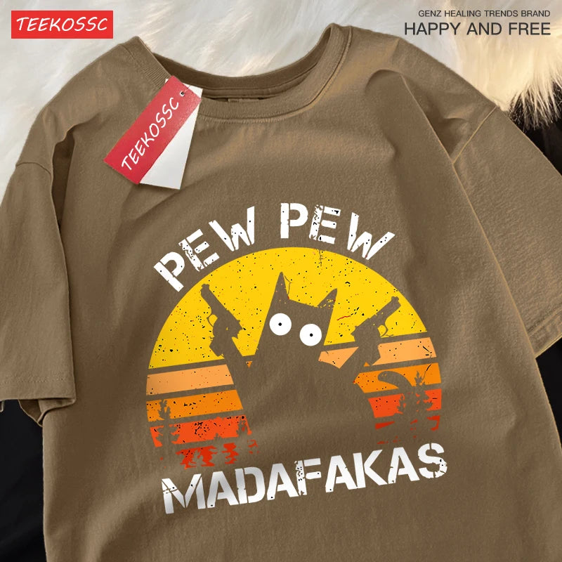 “Unisex Funny Cat Tee – ‘Pew Pew Madafakas’ Print”