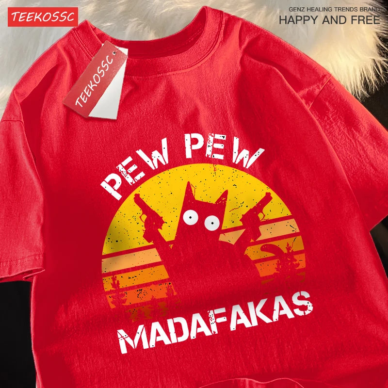 “Unisex Funny Cat Tee – ‘Pew Pew Madafakas’ Print”