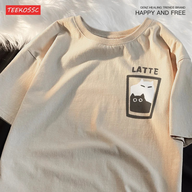 “Couple Graphic Tee – Mocha Latte Cat & Coffee”
