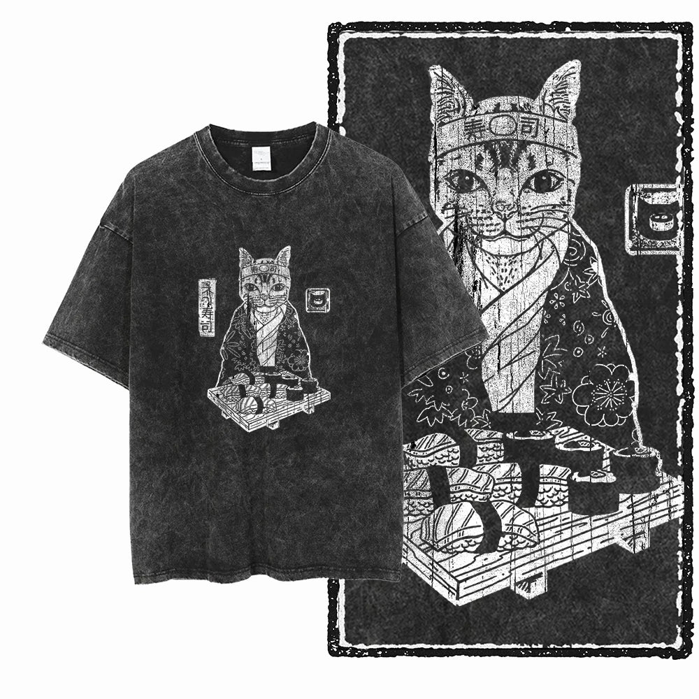 “COOLMIND DB Cat Graphic Tee – Acid Wash Streetwear”