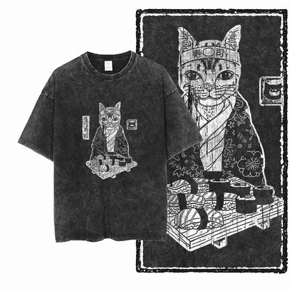 “COOLMIND DB Cat Graphic Tee – Acid Wash Streetwear”