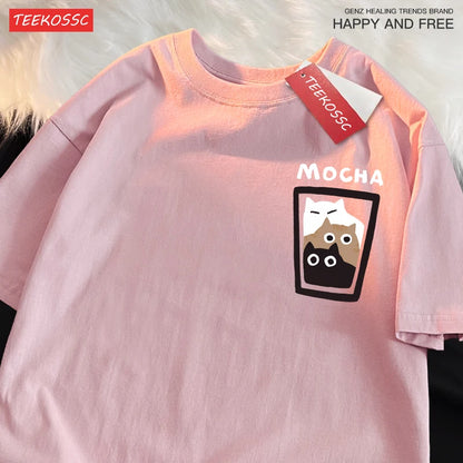 “Couple Graphic Tee – Mocha Latte Cat & Coffee”