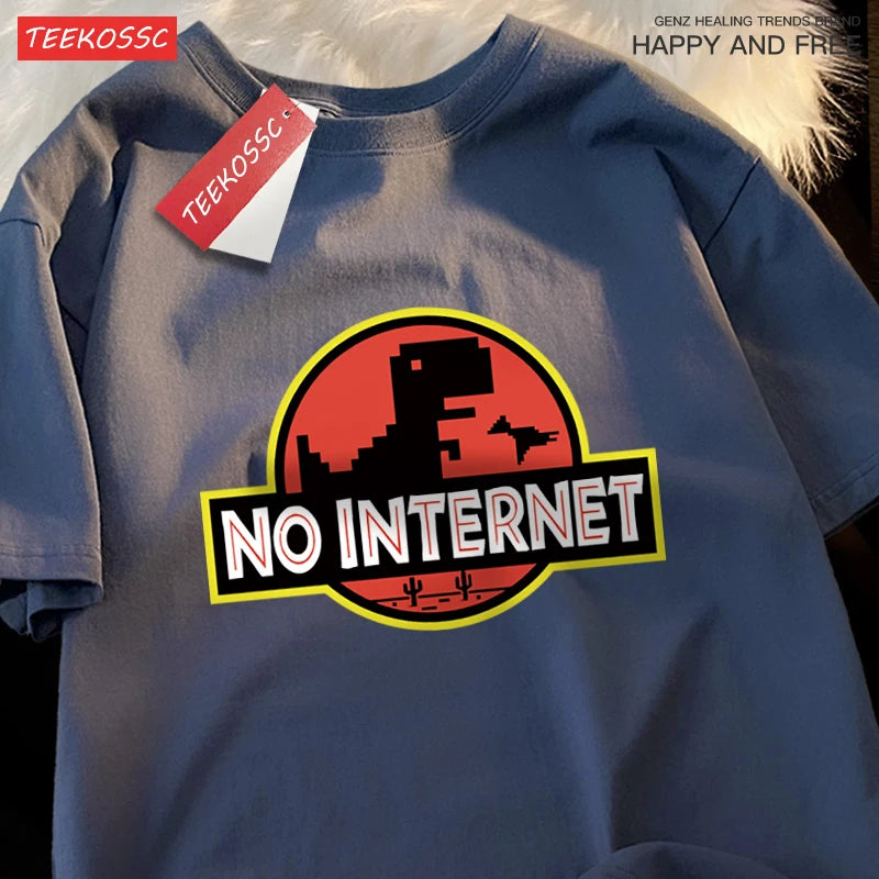 “Men’s Oversized Dino Tee – ‘No Internet’ Graphic”