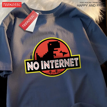 “Men’s Oversized Dino Tee – ‘No Internet’ Graphic”
