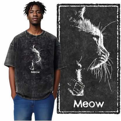 “COOLMIND DB Cat Graphic Tee – Acid Wash Streetwear”