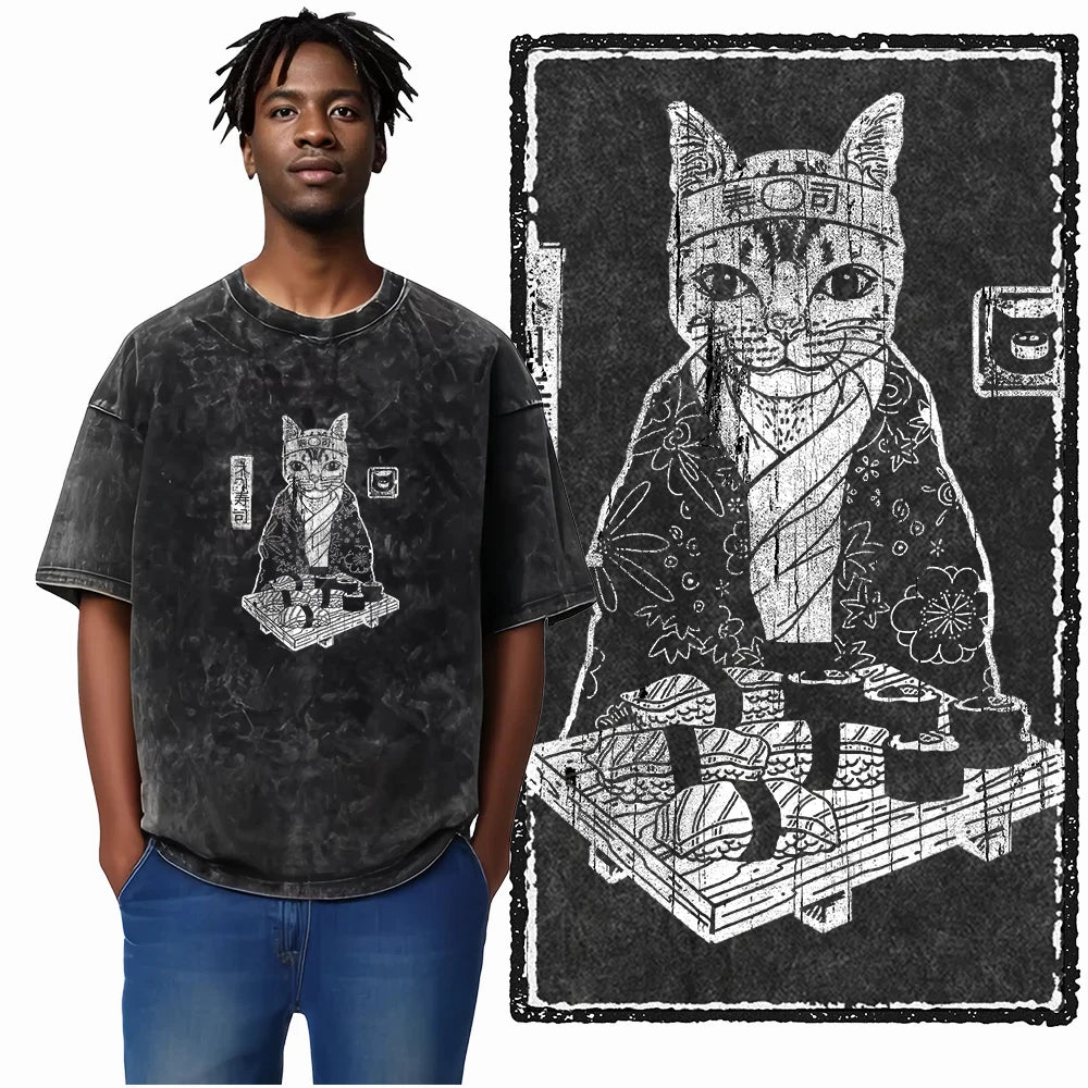 “COOLMIND DB Cat Graphic Tee – Acid Wash Streetwear”