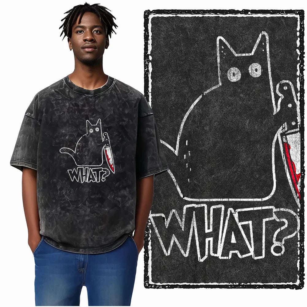 “COOLMIND DB Cat Graphic Tee – Acid Wash Streetwear”