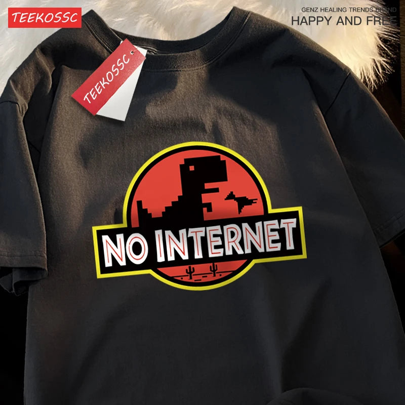 “Men’s Oversized Dino Tee – ‘No Internet’ Graphic”