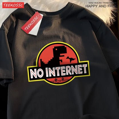 “Men’s Oversized Dino Tee – ‘No Internet’ Graphic”