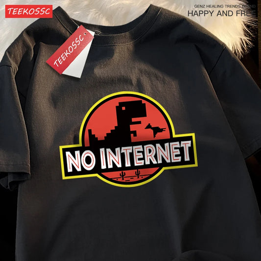 “Men’s Oversized Dino Tee – ‘No Internet’ Graphic”