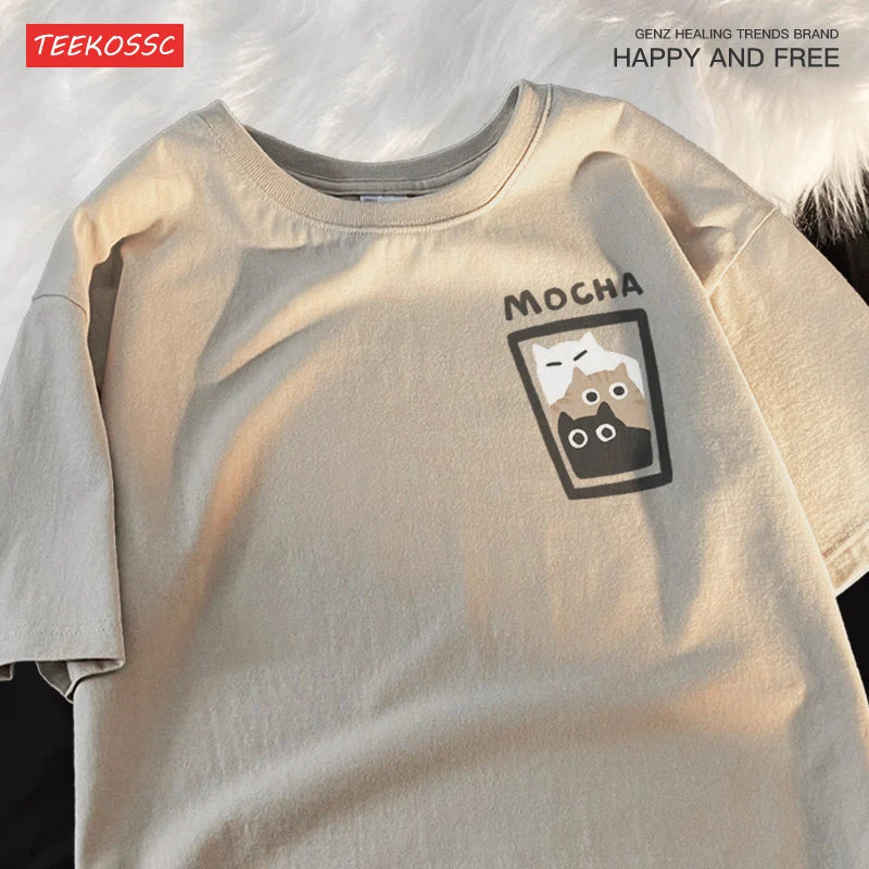 “Couple Graphic Tee – Mocha Latte Cat & Coffee”
