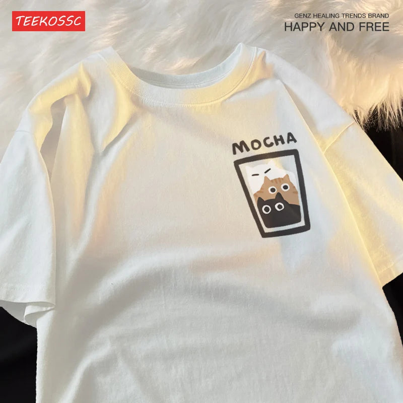 “Couple Graphic Tee – Mocha Latte Cat & Coffee”