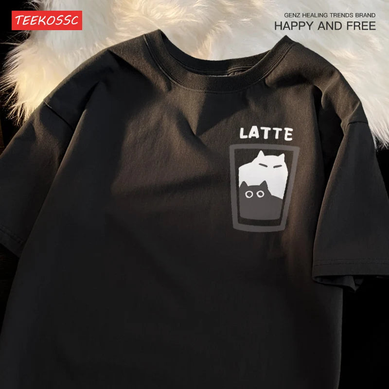 “Couple Graphic Tee – Mocha Latte Cat & Coffee”