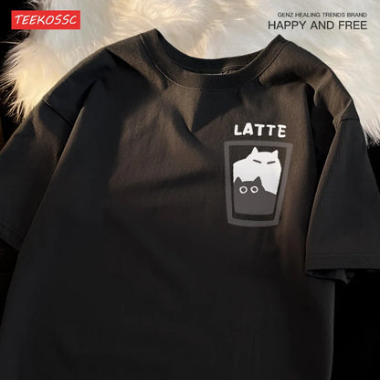 “Couple Graphic Tee – Mocha Latte Cat & Coffee”