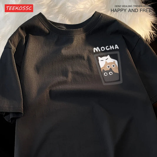 “Couple Graphic Tee – Mocha Latte Cat & Coffee”
