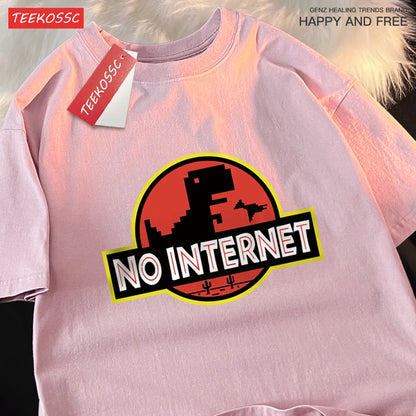 “Men’s Oversized Dino Tee – ‘No Internet’ Graphic”