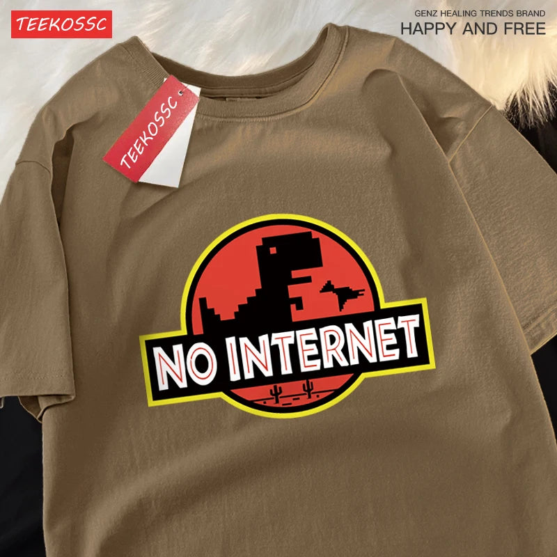 “Men’s Oversized Dino Tee – ‘No Internet’ Graphic”