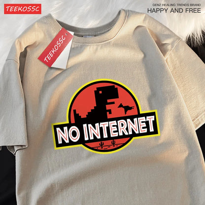 “Men’s Oversized Dino Tee – ‘No Internet’ Graphic”