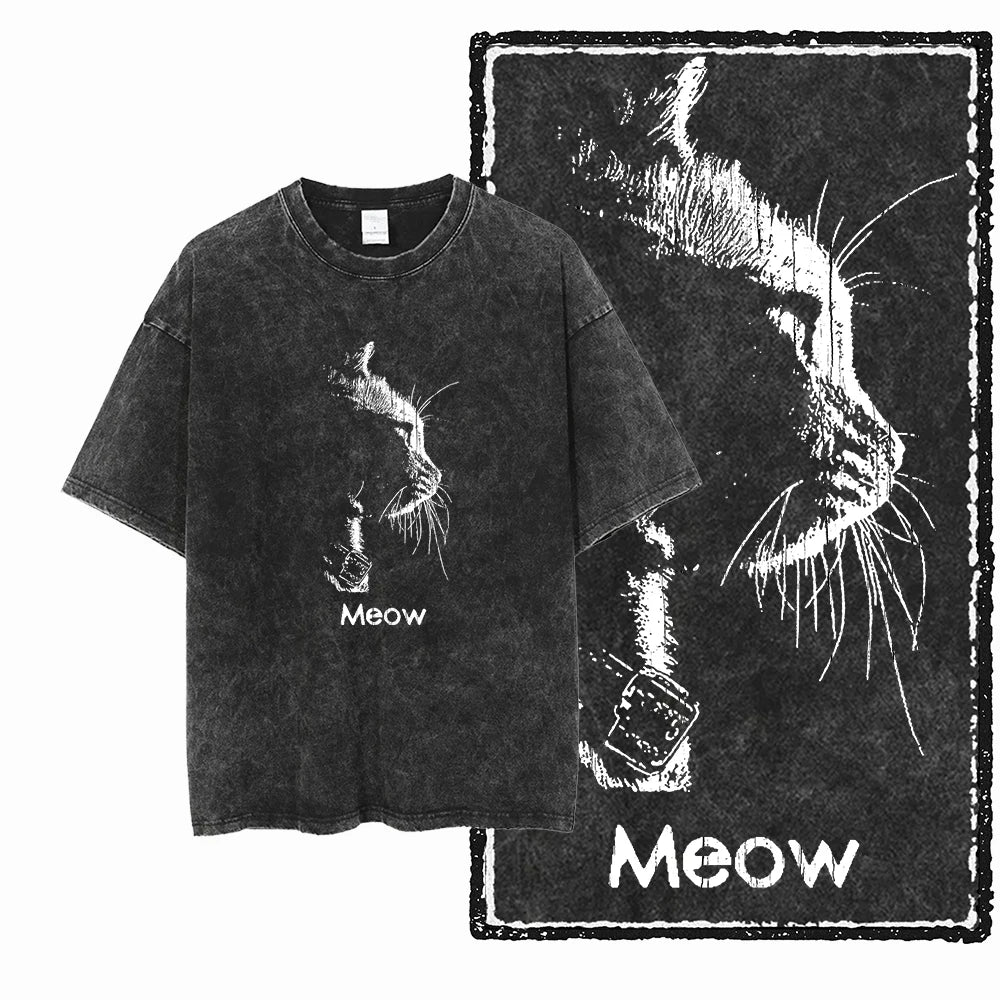 “COOLMIND DB Cat Graphic Tee – Acid Wash Streetwear”