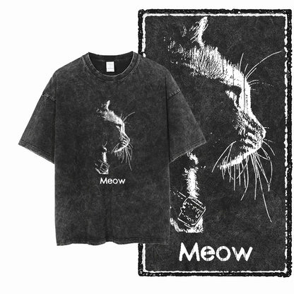 “COOLMIND DB Cat Graphic Tee – Acid Wash Streetwear”