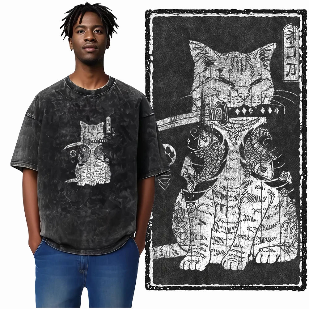 “COOLMIND DB Cat Graphic Tee – Acid Wash Streetwear”