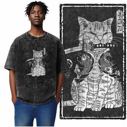 “COOLMIND DB Cat Graphic Tee – Acid Wash Streetwear”