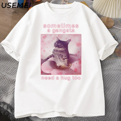 “Unisex Funny Cat Meme Tee – ‘Gangsta Needs a Hug’”