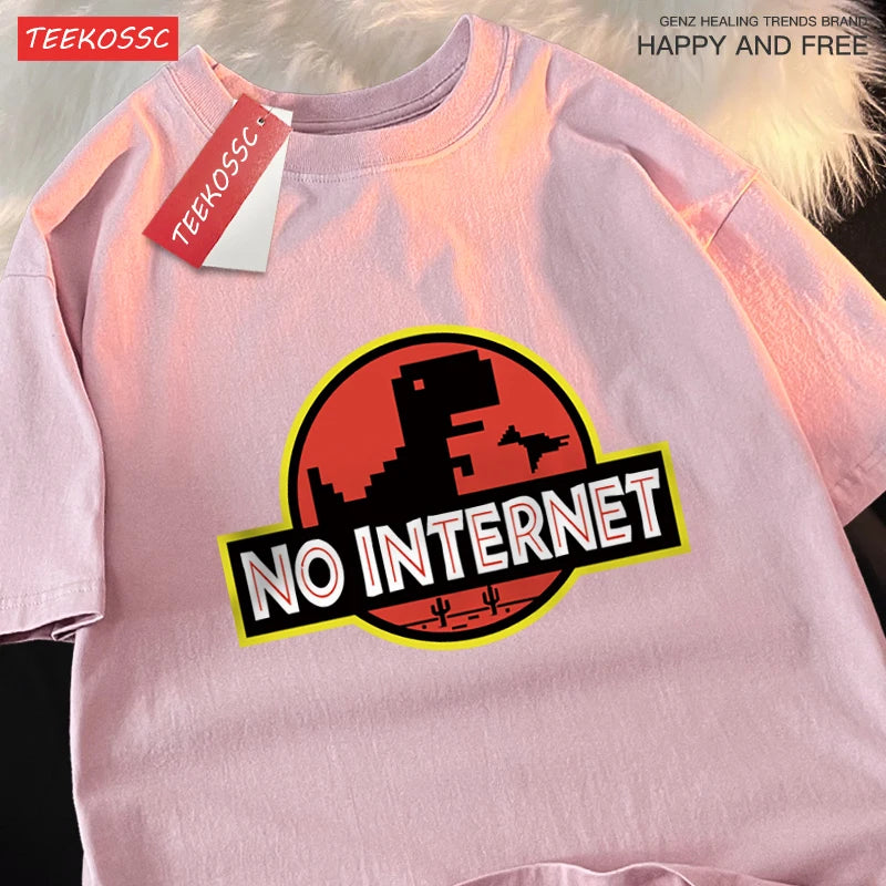 “Men’s Oversized Dino Tee – ‘No Internet’ Graphic”