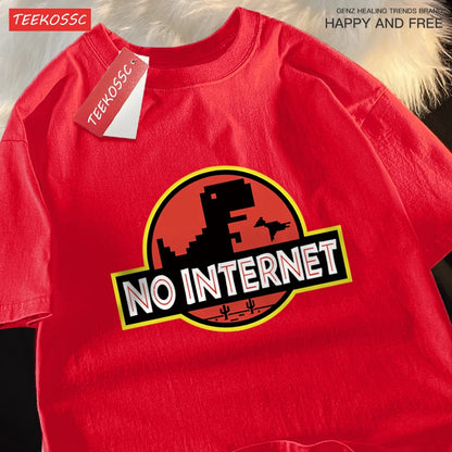 “Men’s Oversized Dino Tee – ‘No Internet’ Graphic”