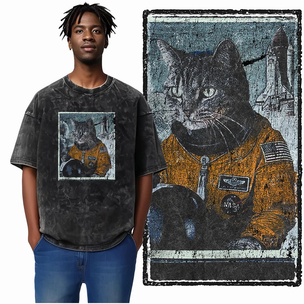 “COOLMIND DB Cat Graphic Tee – Acid Wash Streetwear”