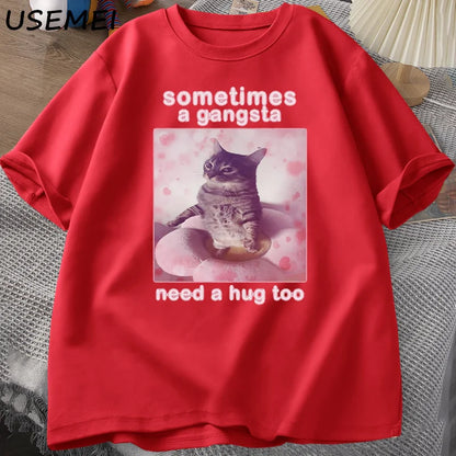 “Unisex Funny Cat Meme Tee – ‘Gangsta Needs a Hug’”