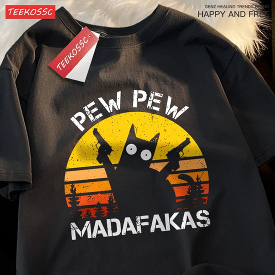 “Unisex Funny Cat Tee – ‘Pew Pew Madafakas’ Print”
