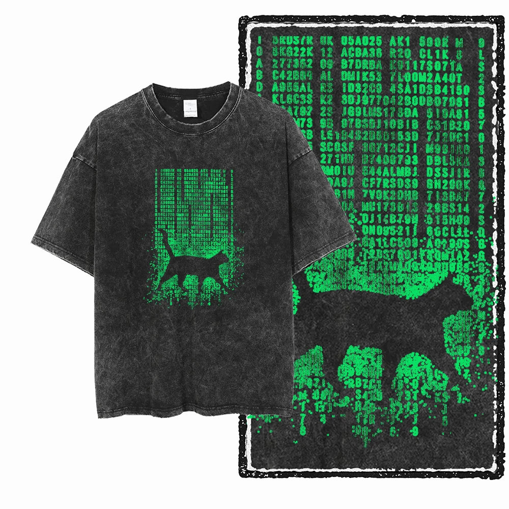 “COOLMIND DB Cat Graphic Tee – Acid Wash Streetwear”