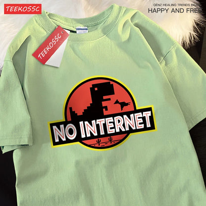 “Men’s Oversized Dino Tee – ‘No Internet’ Graphic”