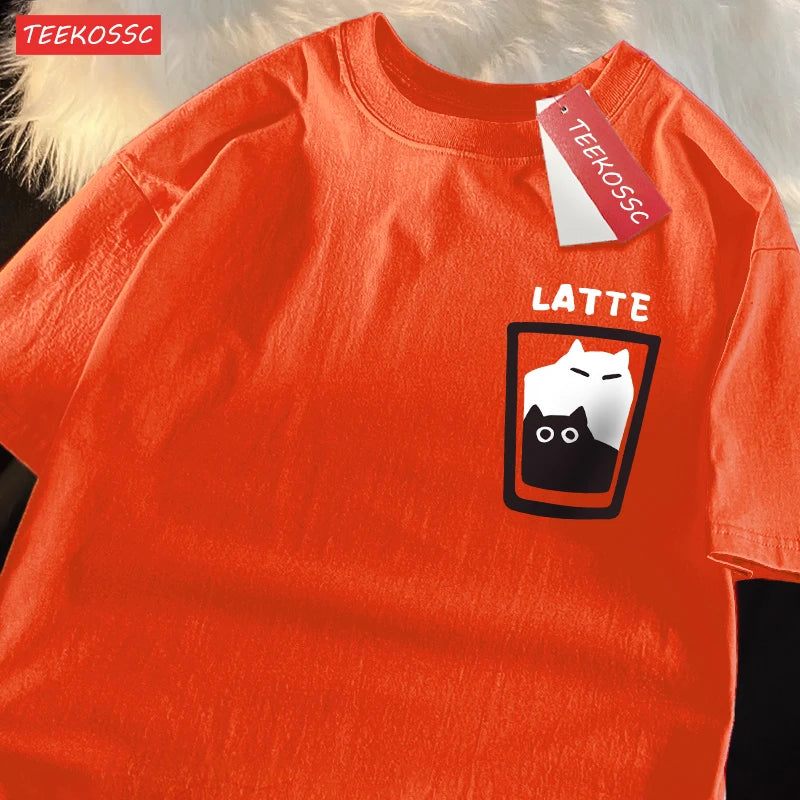 “Couple Graphic Tee – Mocha Latte Cat & Coffee”