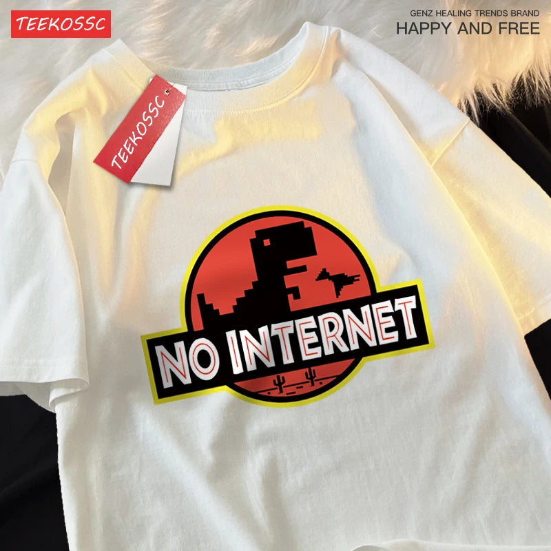 “Men’s Oversized Dino Tee – ‘No Internet’ Graphic”