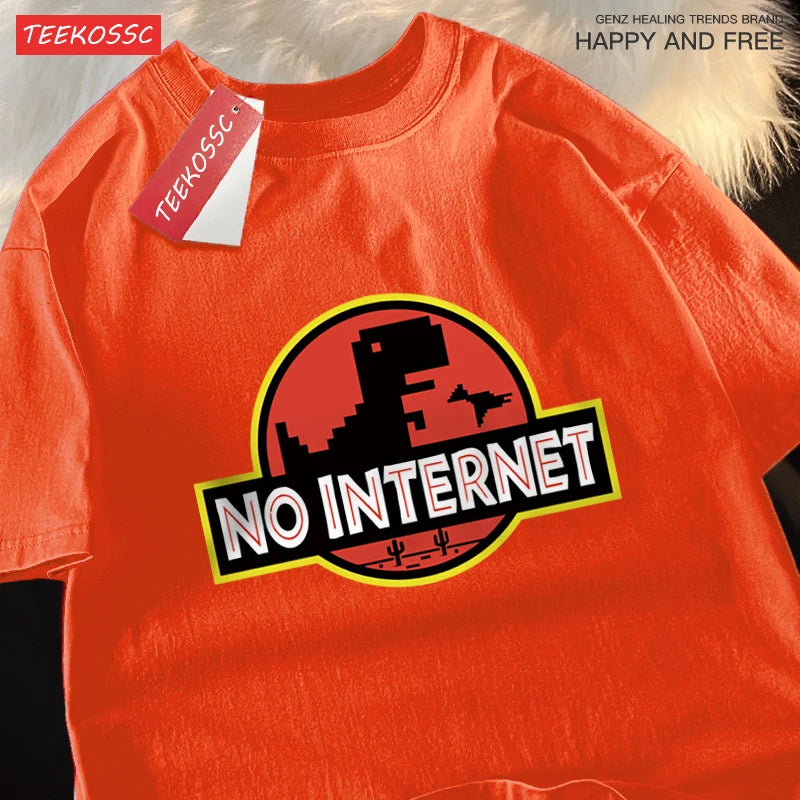 “Men’s Oversized Dino Tee – ‘No Internet’ Graphic”