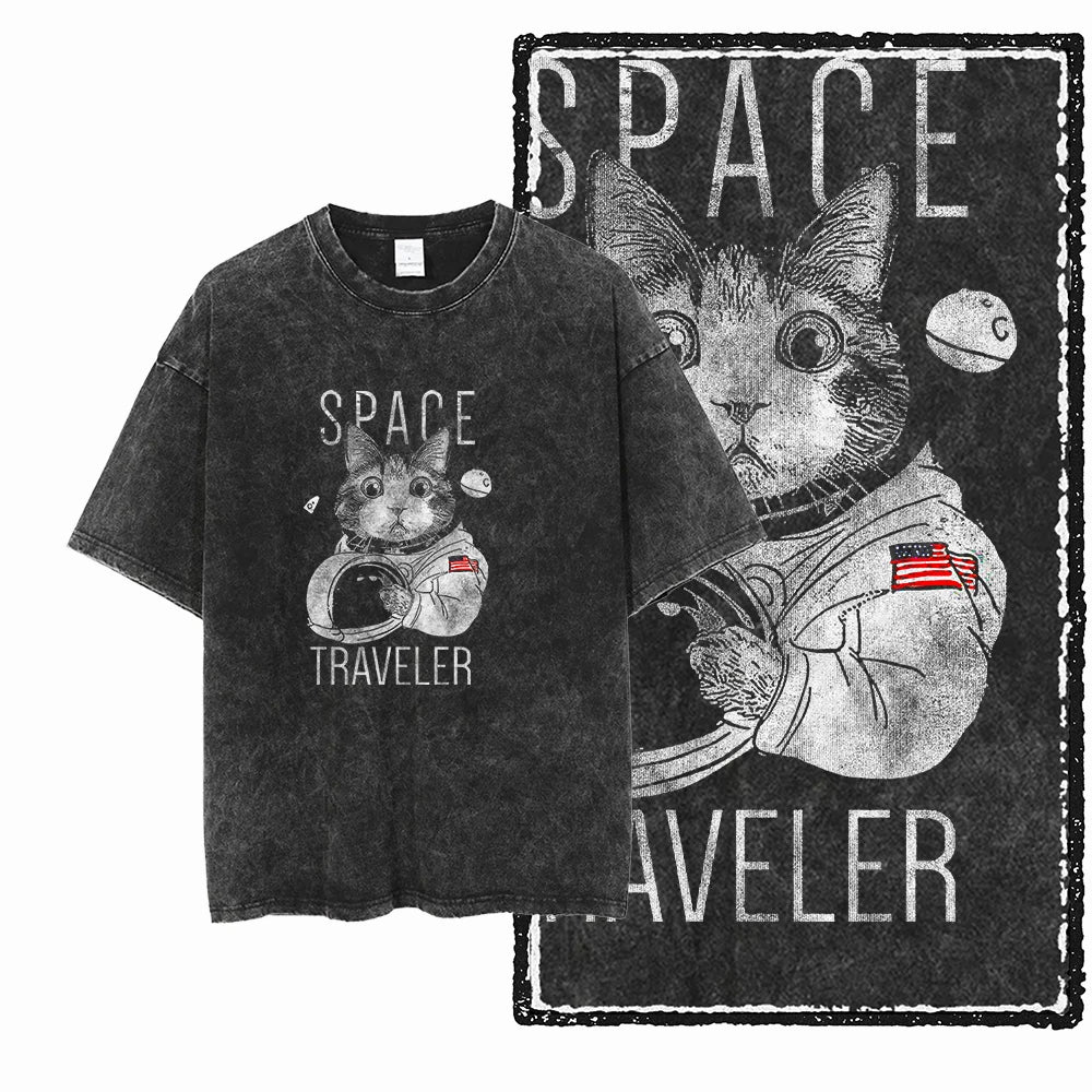 “COOLMIND DB Cat Graphic Tee – Acid Wash Streetwear”