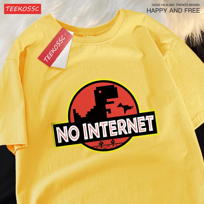 “Men’s Oversized Dino Tee – ‘No Internet’ Graphic”