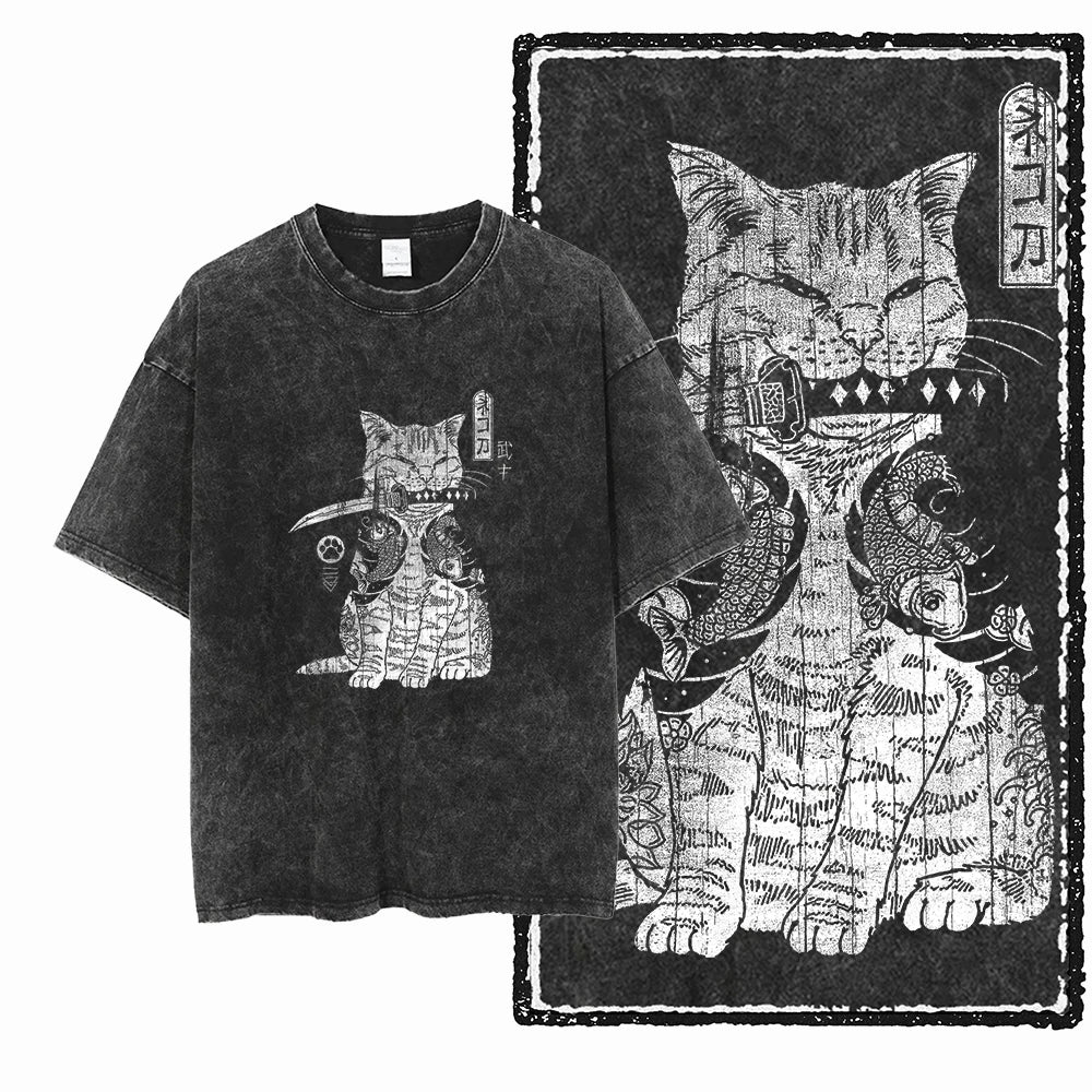 “COOLMIND DB Cat Graphic Tee – Acid Wash Streetwear”