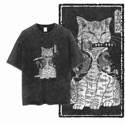 “COOLMIND DB Cat Graphic Tee – Acid Wash Streetwear”