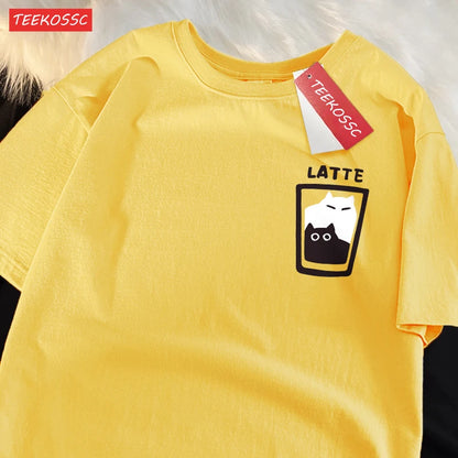 “Couple Graphic Tee – Mocha Latte Cat & Coffee”